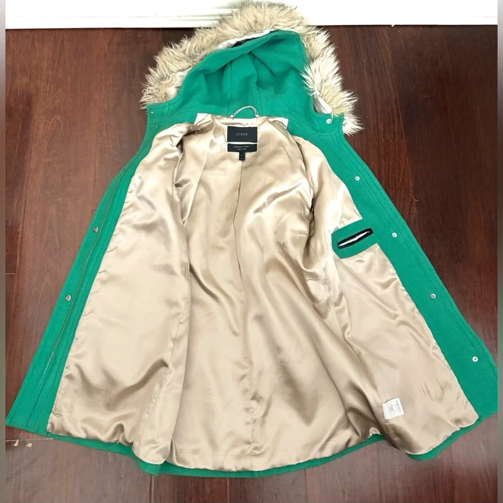 J. Crew Chateau Parka Italian Wool Stadium Cloth Faux Fur Hooded Coat Green Sz 4 - Picture 11 of 16